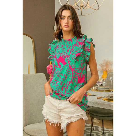 BiBi Leopard Leaves Print Ruffle Sleeve Smocked Woven Top in Jade & Fuchsia - Picture 1 of 5